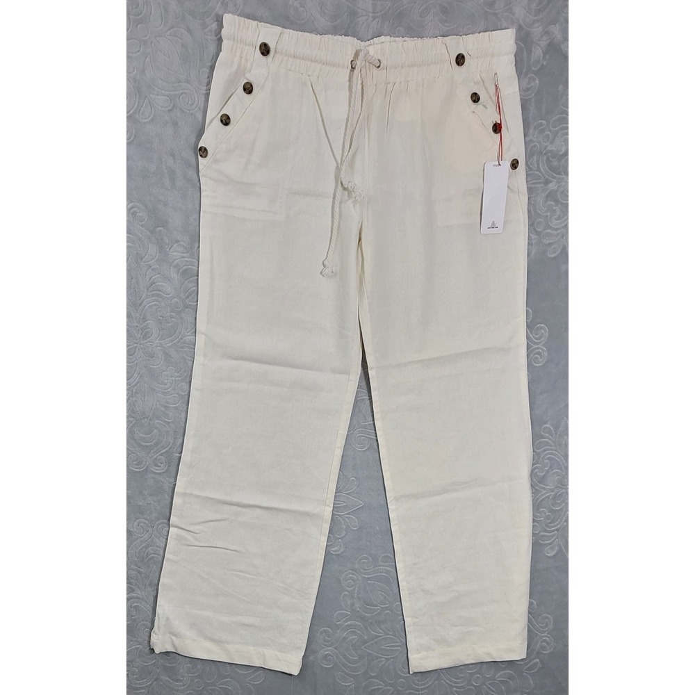 Sapphire Red Brand Linen Cotton Pants Womens Size XL Offwhite Straight Wide Leg
